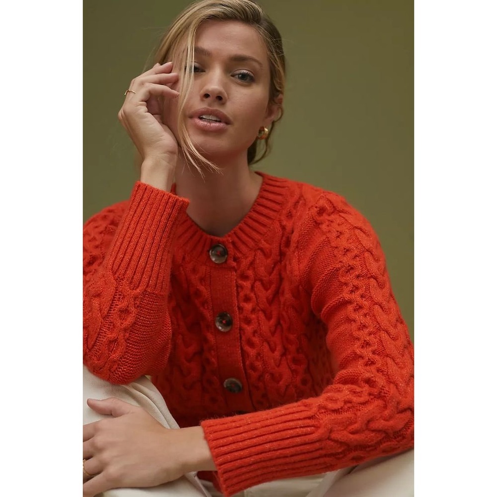Maeve Anthropologie Red Orange Cable Knit Cardigan Sweater Womens Medium
